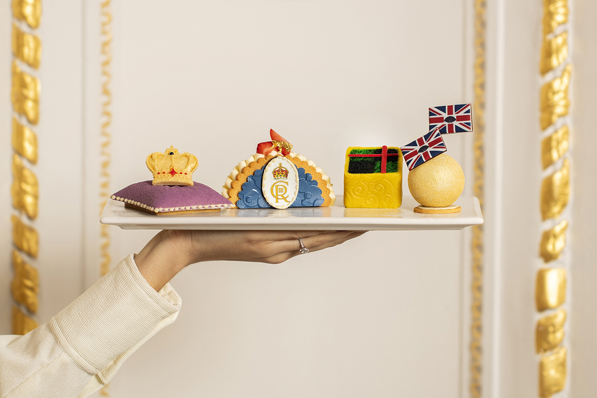 Coronation-themed custom-made pasteries for royal afternoon tea at the Mandarin Oriental Hyde Park Hotel.